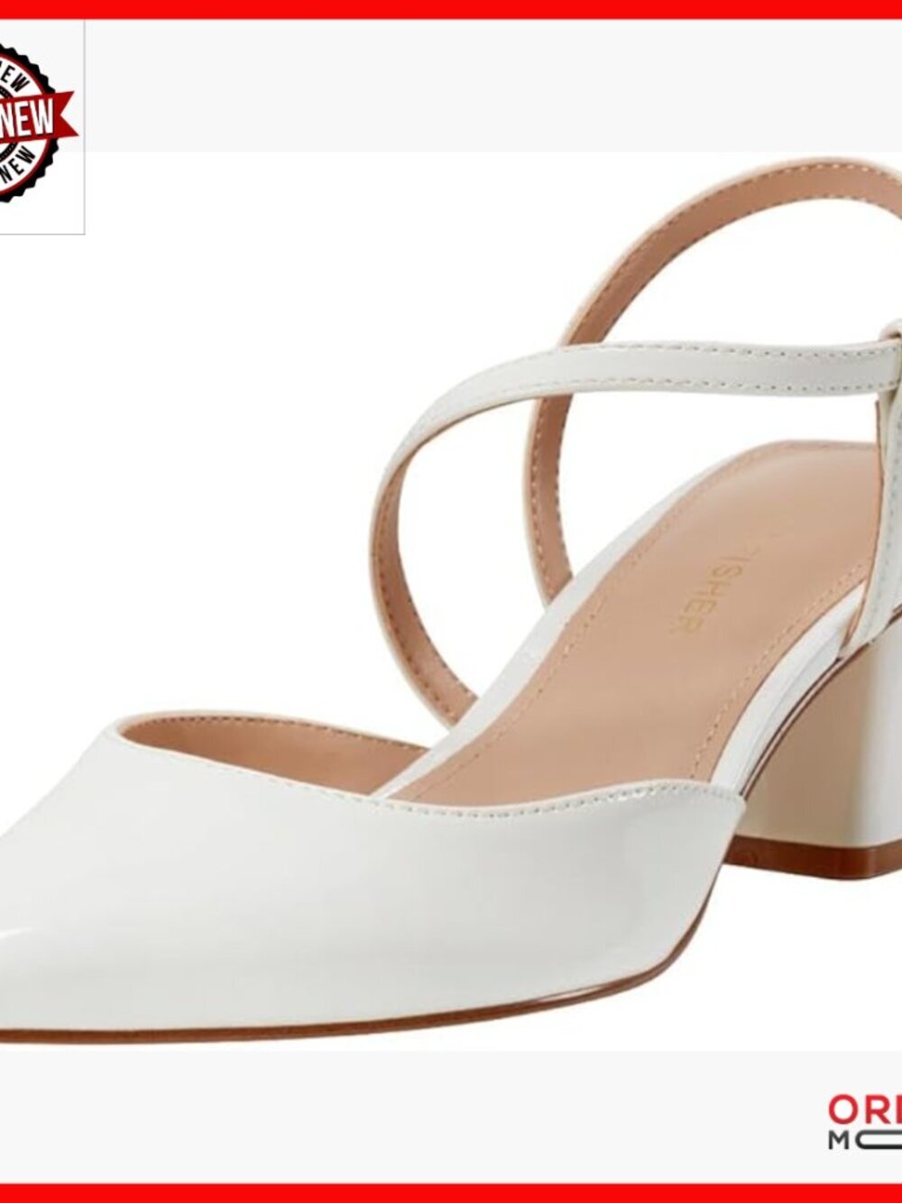 White Patent Pointy Toe Pumps with Adjustable Ankle Strap, 2.17" Block Heel